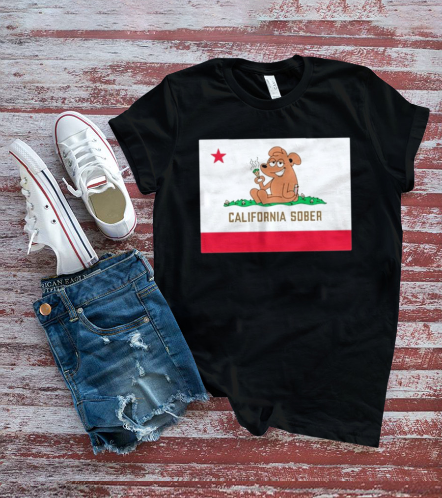 California Sober Bear With Joint And Drink State Flag T-Shirt