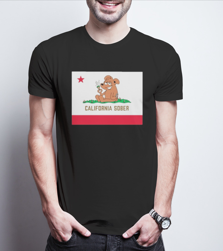 California Sober Bear With Joint And Drink State Flag T-Shirt