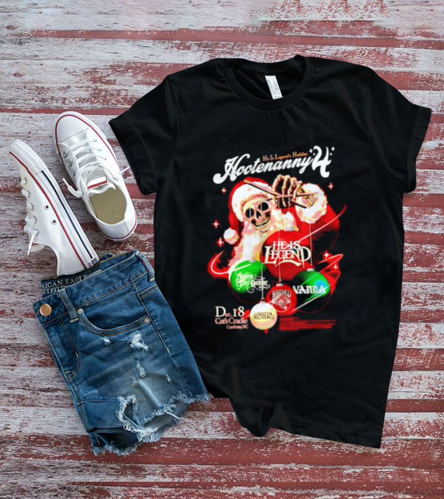 Holiday Hootenanny He Is Legend Skeleton Santa Cat's Cradle Carrboro NC Christmas T-Shirt