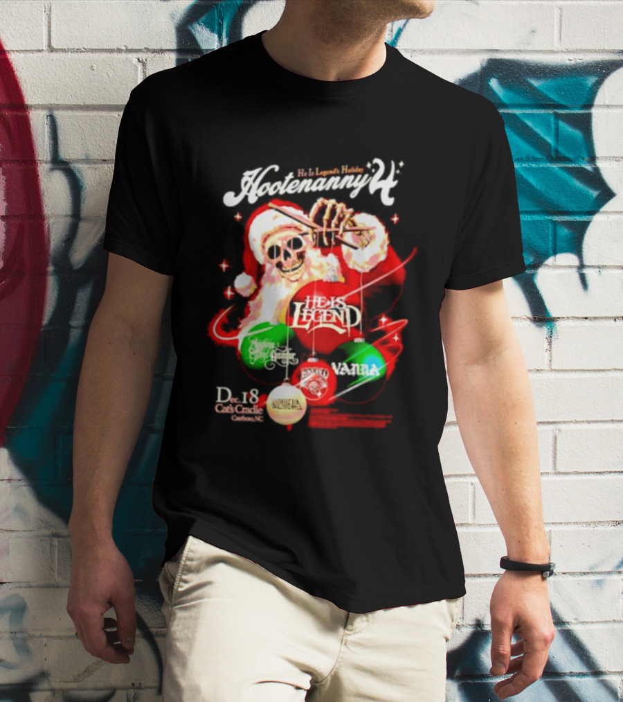 Holiday Hootenanny He Is Legend Skeleton Santa Cat's Cradle Carrboro NC Christmas T-Shirt