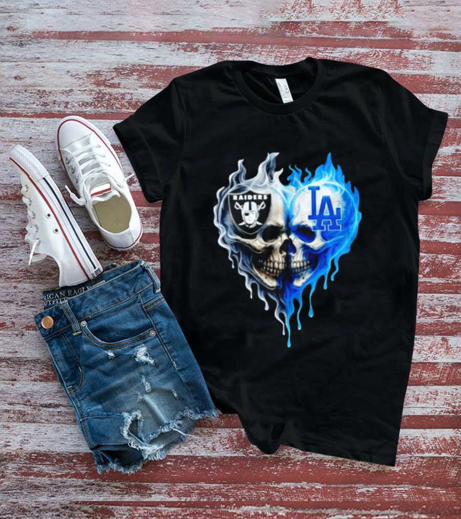Las Vegas Raiders Los Angeles Dodgers Skulls Heart Blue Flames T-Shirt