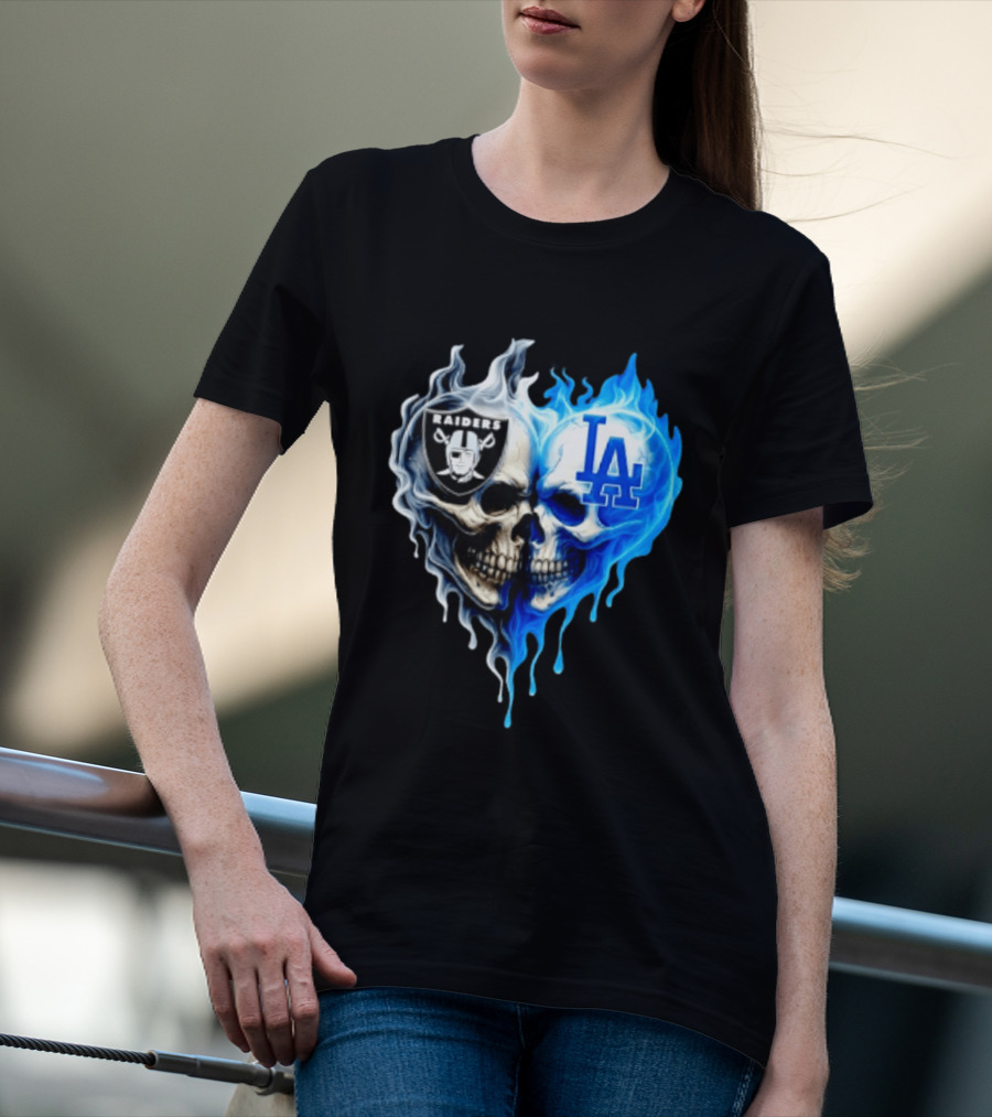 Las Vegas Raiders Los Angeles Dodgers Skulls Heart Blue Flames T-Shirt