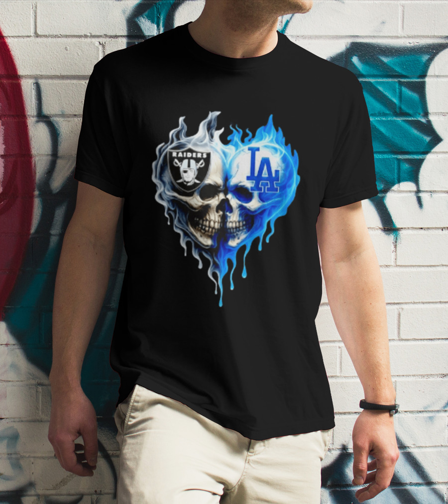 Las Vegas Raiders Los Angeles Dodgers Skulls Heart Blue Flames T-Shirt