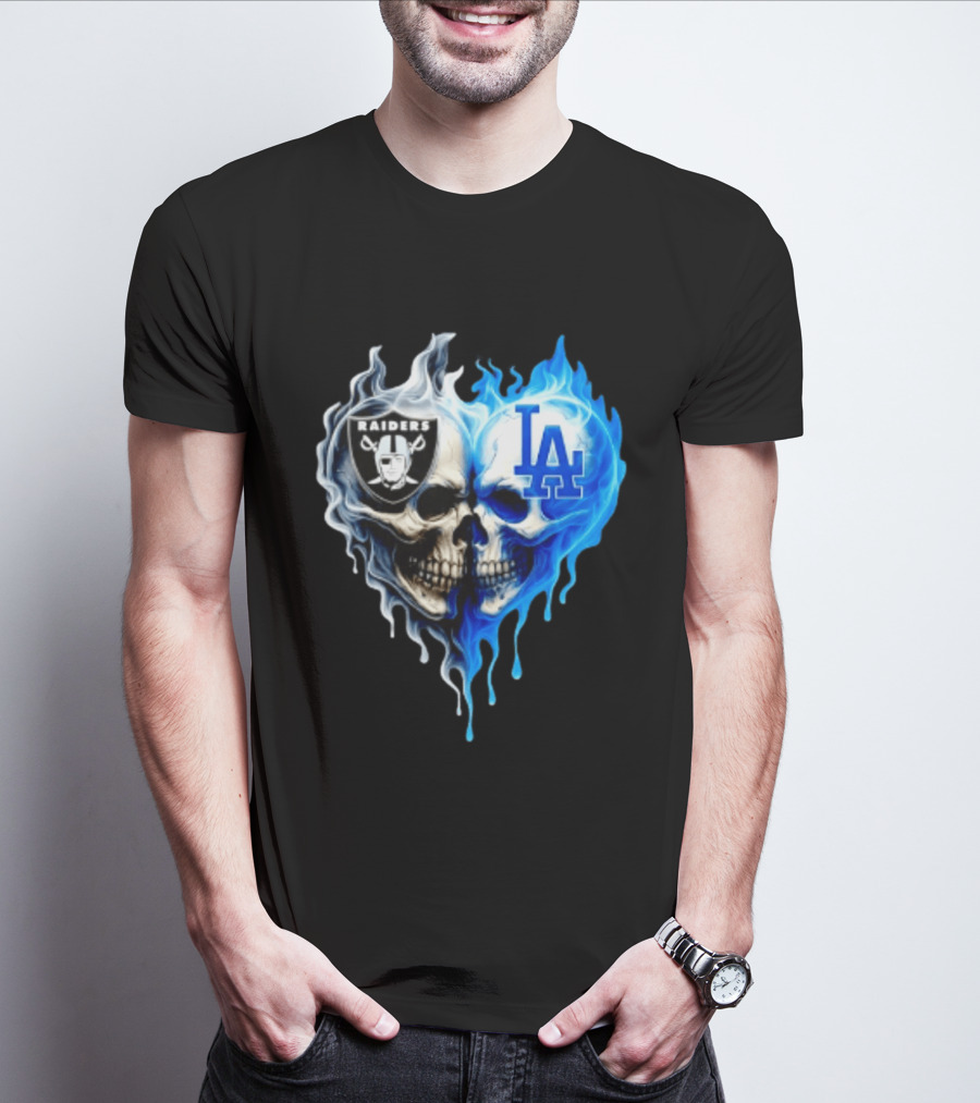 Las Vegas Raiders Los Angeles Dodgers Skulls Heart Blue Flames T-Shirt