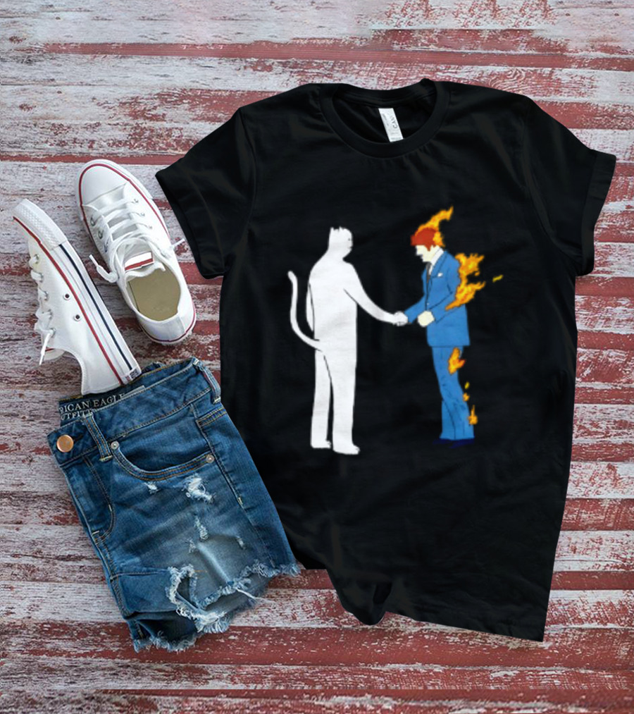 Rip N Dip Cat Handshake Burning Man Suit On Fire T-Shirt