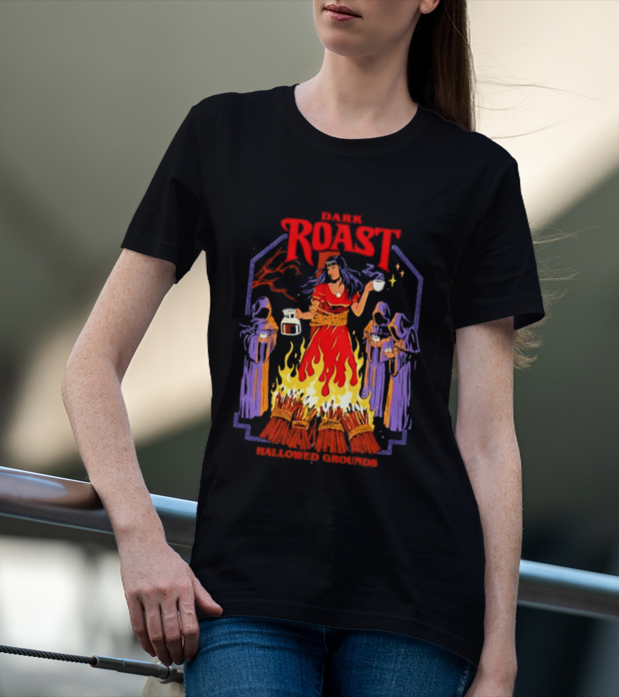 Dark Roast Hallowed Grounds Coffee Witch Brewing Flames And Rituals T-Shirt