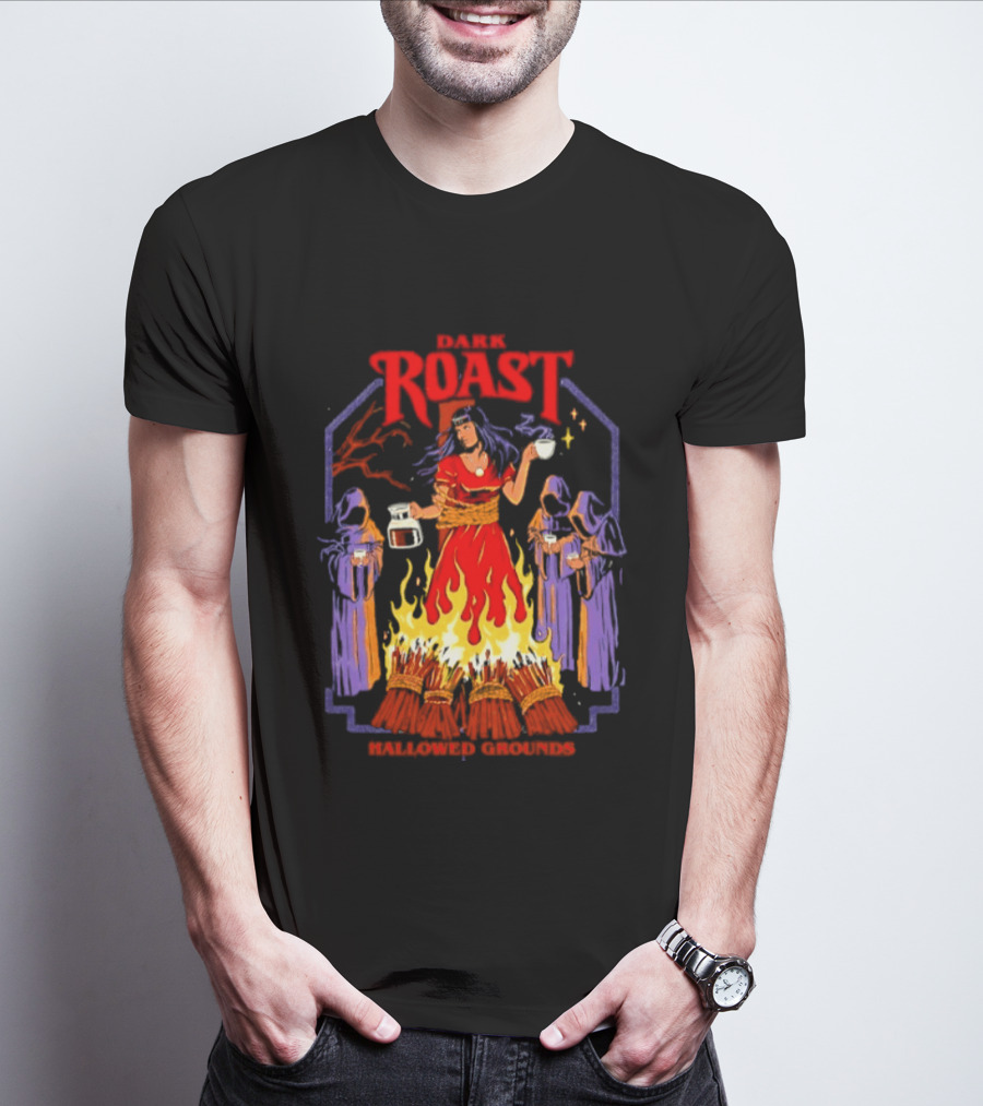 Dark Roast Hallowed Grounds Coffee Witch Brewing Flames And Rituals T-Shirt