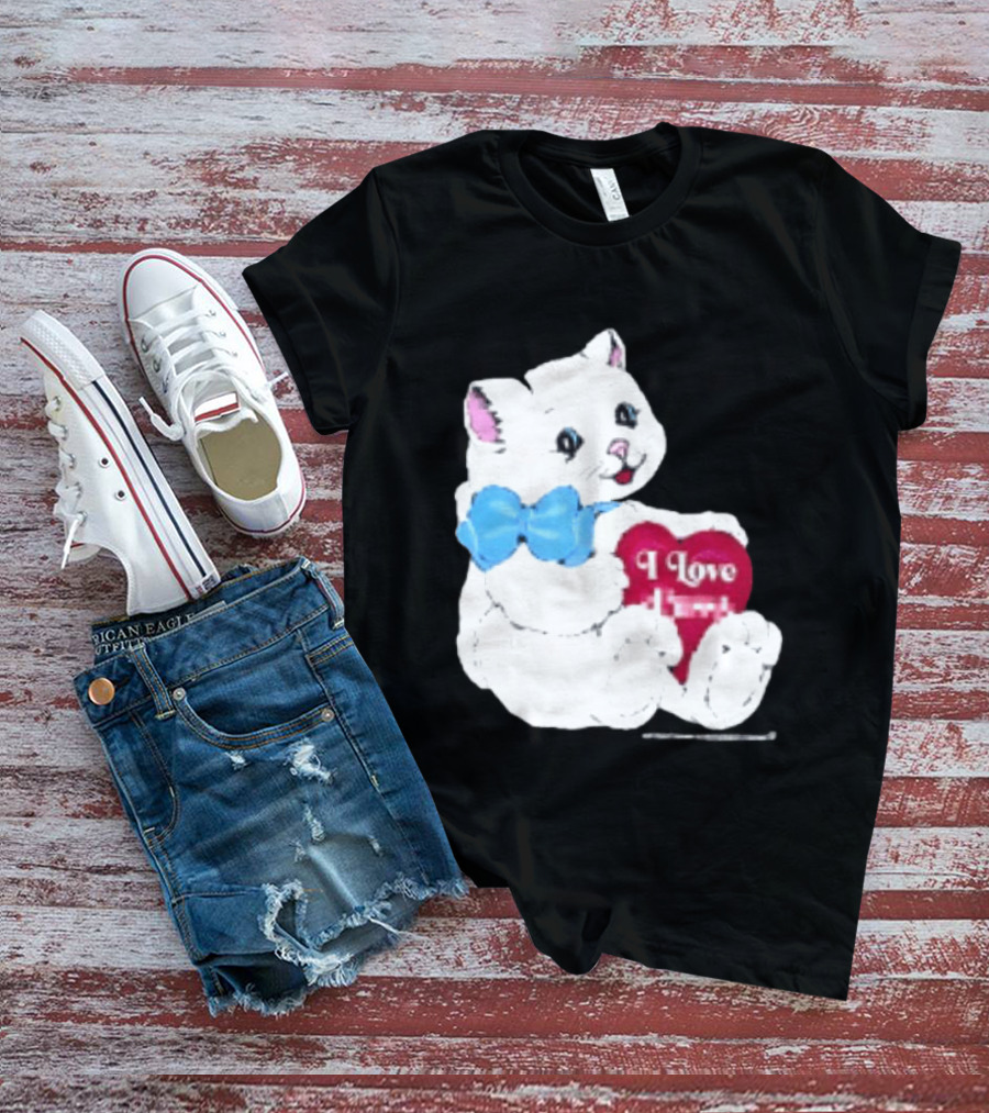 I Love Pussy Cats Heart Blue Bow Adorable White Kitten T-Shirt