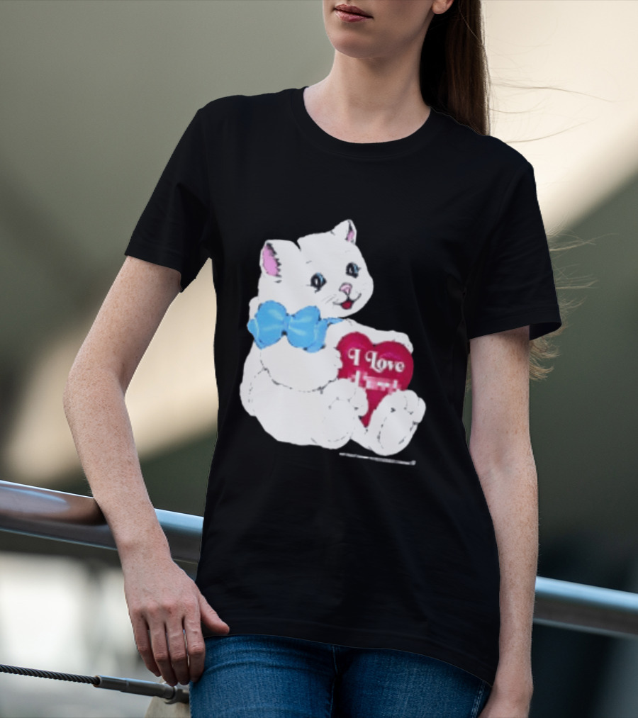 I Love Pussy Cats Heart Blue Bow Adorable White Kitten T-Shirt