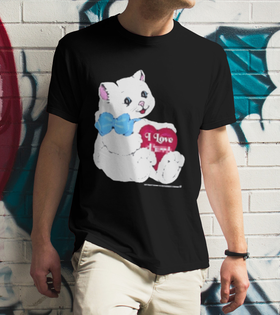 I Love Pussy Cats Heart Blue Bow Adorable White Kitten T-Shirt