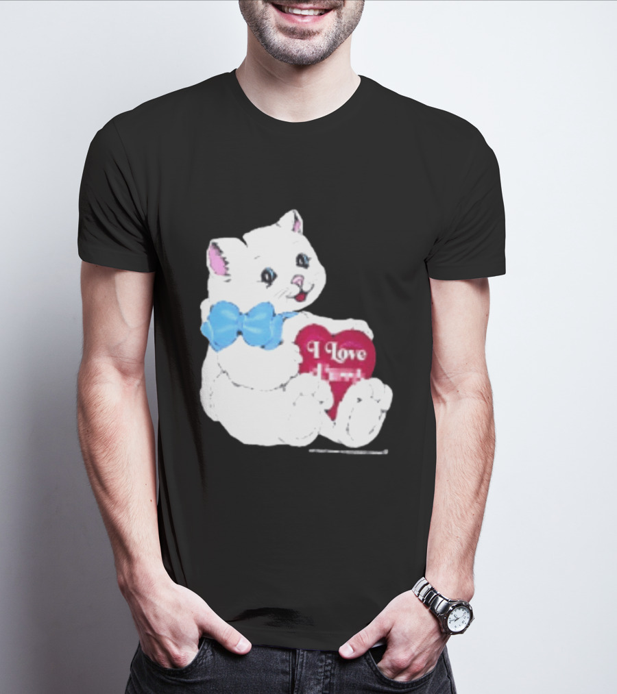 I Love Pussy Cats Heart Blue Bow Adorable White Kitten T-Shirt
