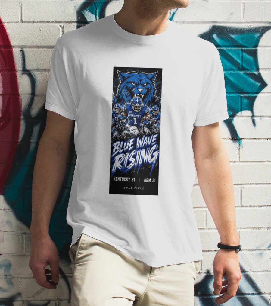 NCAA Kentucky Wildcats Blue Wave Rising 31 To 21 Victory At Texas AM Kyle Field T-Shirt