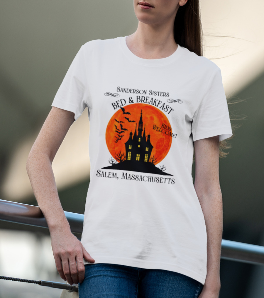 Sanderson Sisters Bed And Breakfast Kids Welcome Salem Massachusetts Halloween Bats Haunted House T-Shirt