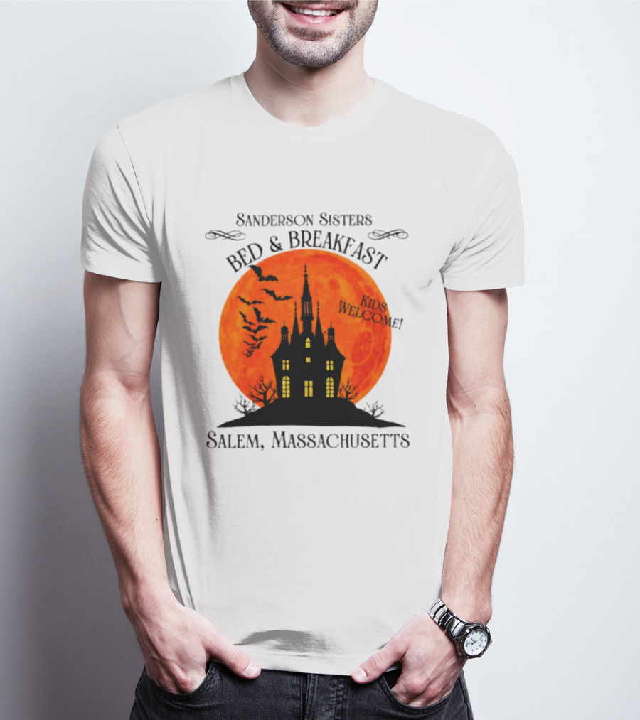 Sanderson Sisters Bed And Breakfast Kids Welcome Salem Massachusetts Halloween Bats Haunted House T-Shirt