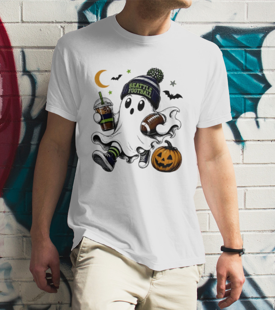 Seattle Football Halloween Ghost With Pumpkin Coffee And Moon T-Shirt