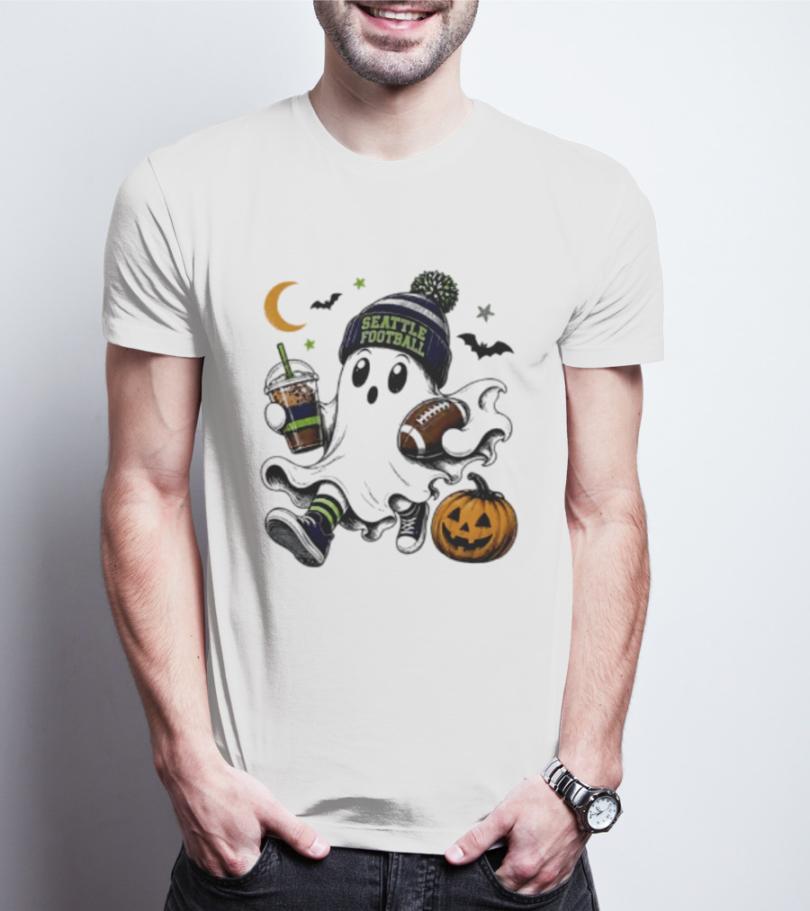 Seattle Football Halloween Ghost With Pumpkin Coffee And Moon T-Shirt