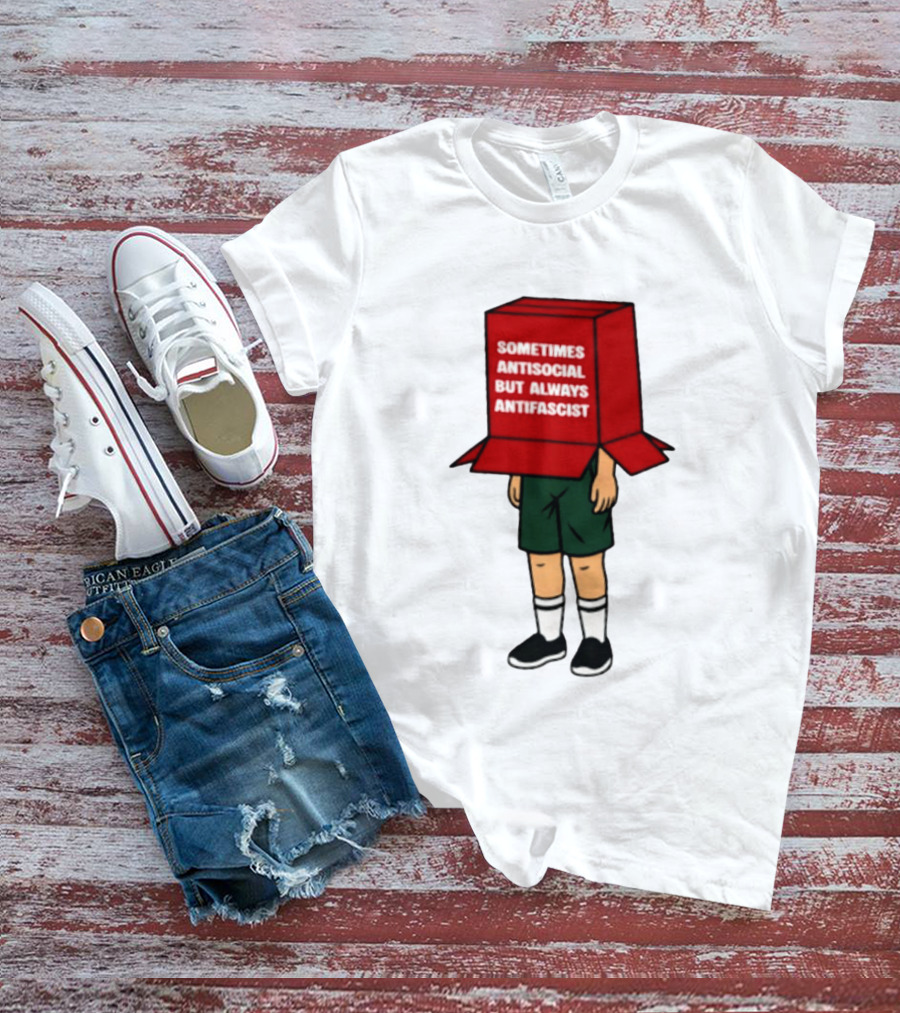 Sometimes Antisocial But Always Antifascist Box Head Cartoon T-Shirt