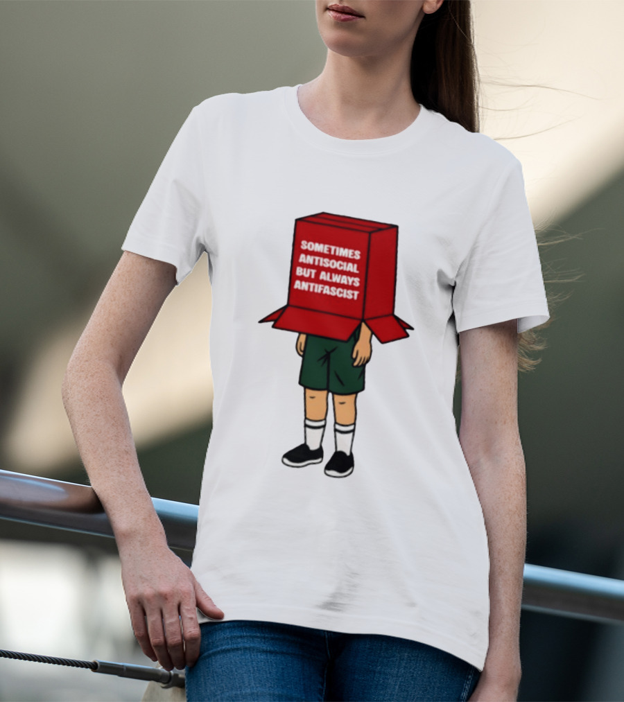 Sometimes Antisocial But Always Antifascist Box Head Cartoon T-Shirt