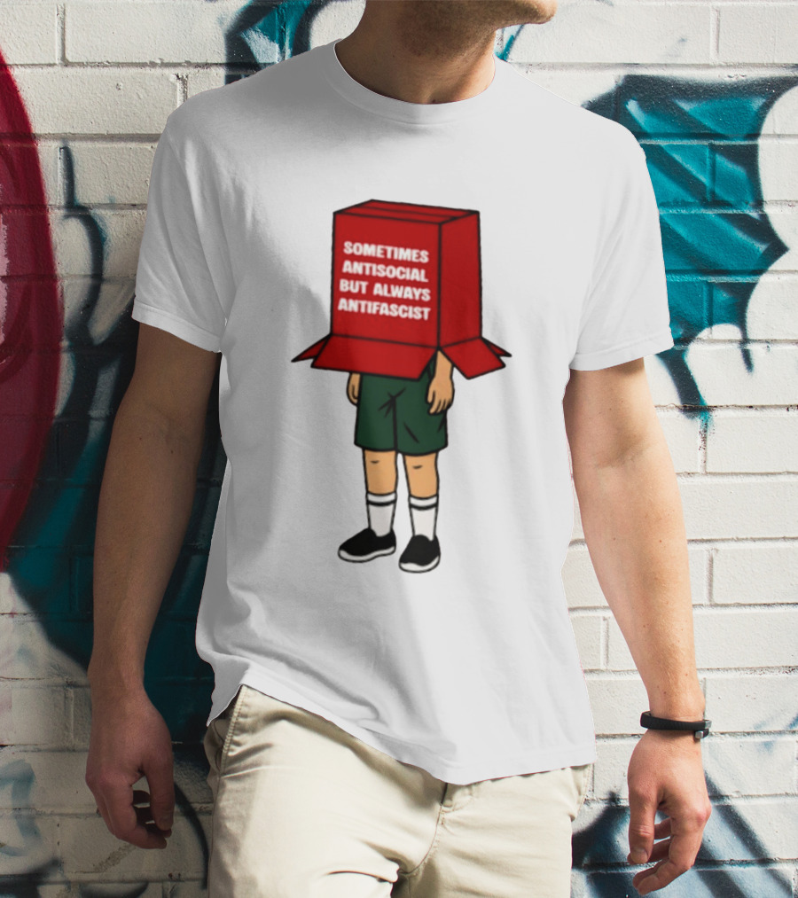 Sometimes Antisocial But Always Antifascist Box Head Cartoon T-Shirt
