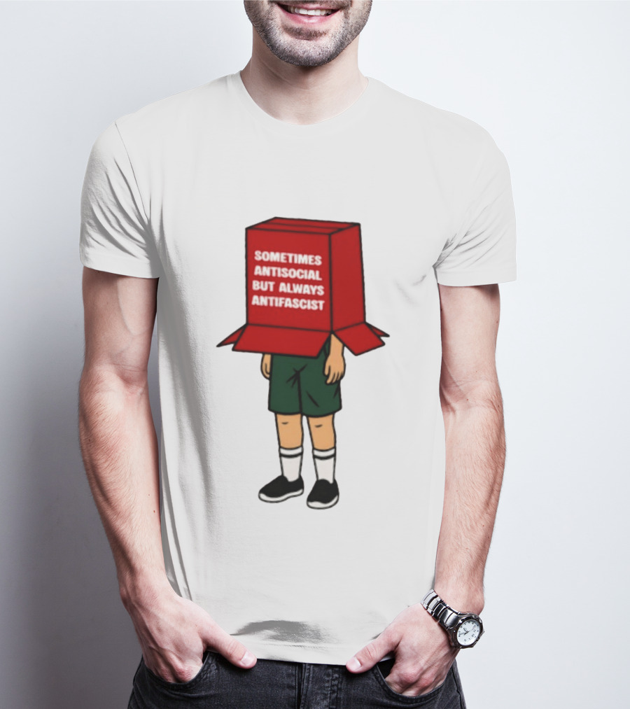 Sometimes Antisocial But Always Antifascist Box Head Cartoon T-Shirt