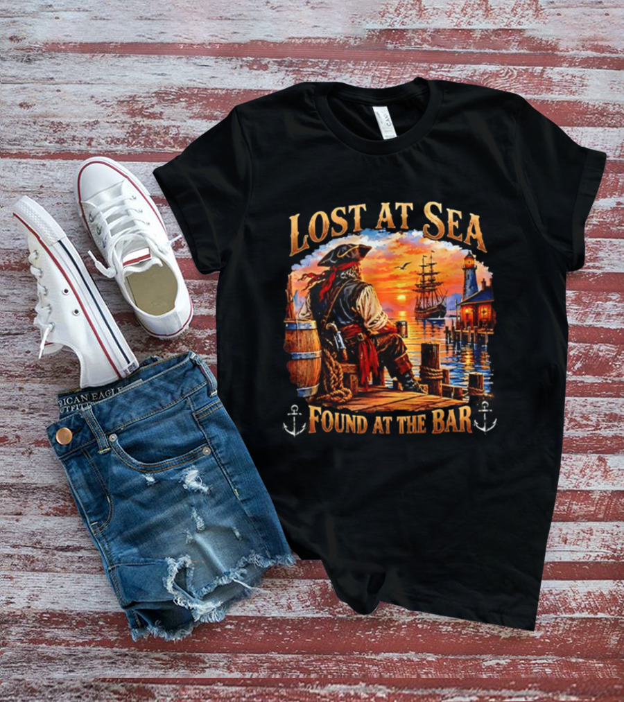 Lost At Sea Found At The Bar Pirate Sunset Sarcastic Humor T-Shirt