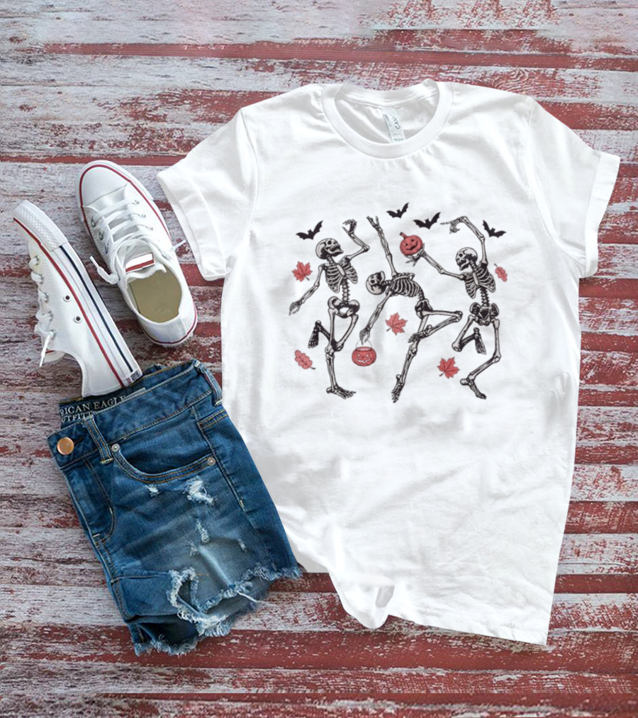 Halloween Pumpkin Dancing Skeletons With Red Autumn Leaves And Bats T-Shirt