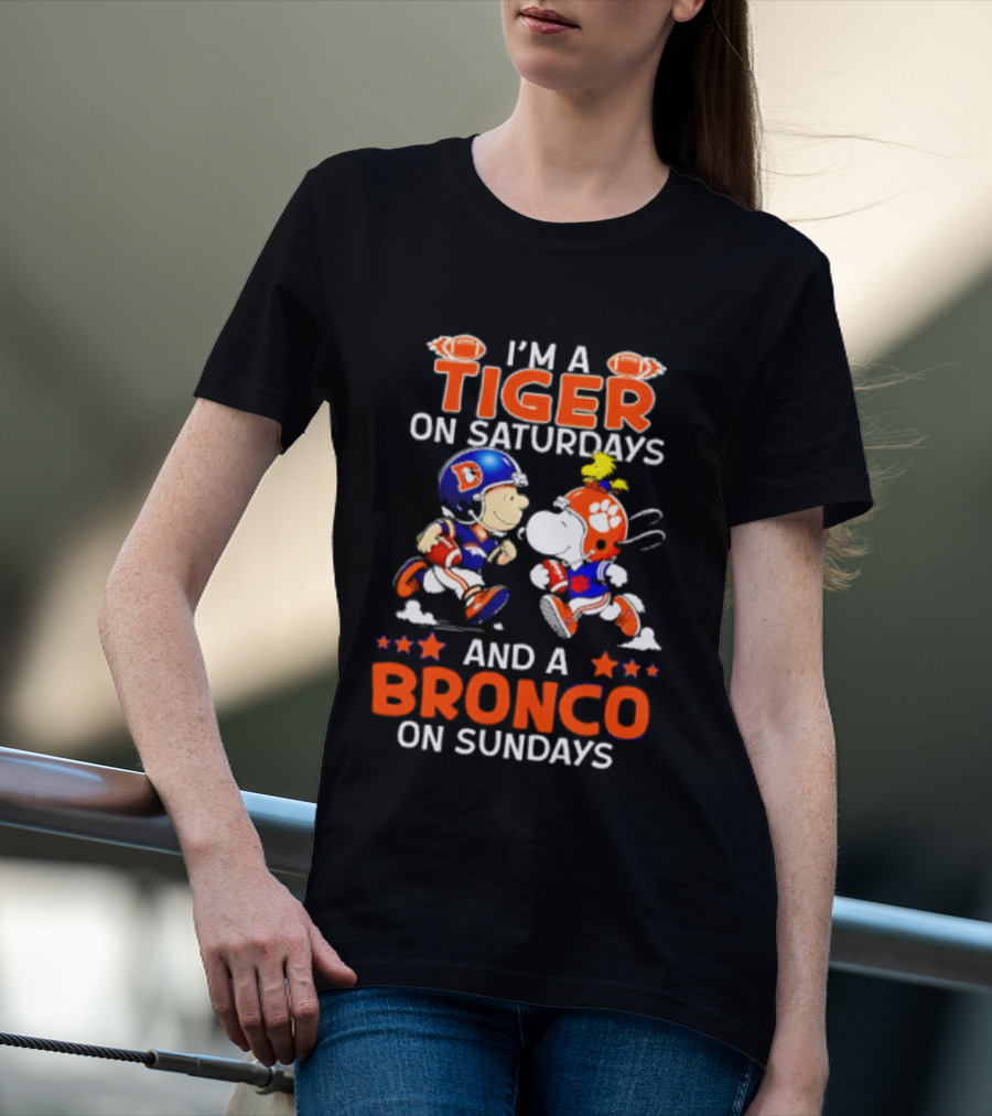 Peanuts Clemson Tigers On Saturdays Denver Broncos On Sundays Football Fan T-Shirt