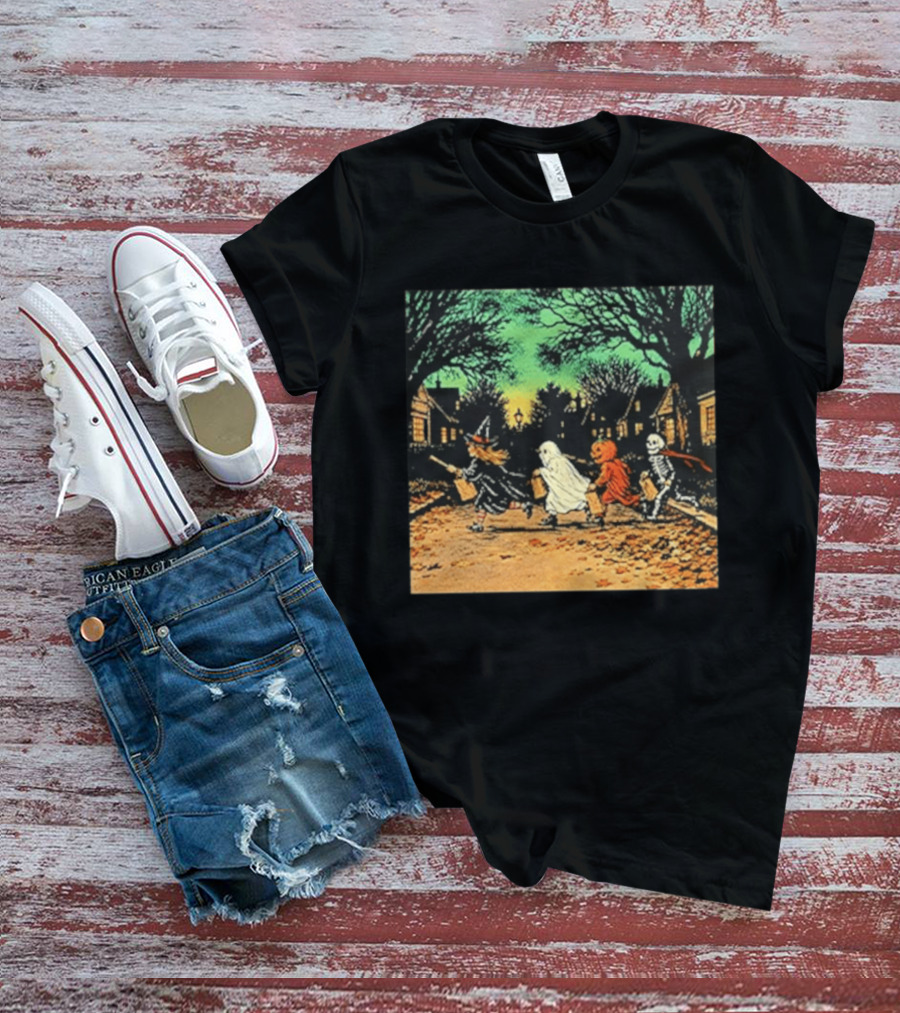 Trick Or Treat Witch Ghost Pumpkin Skeleton Halloween Scene T-Shirt