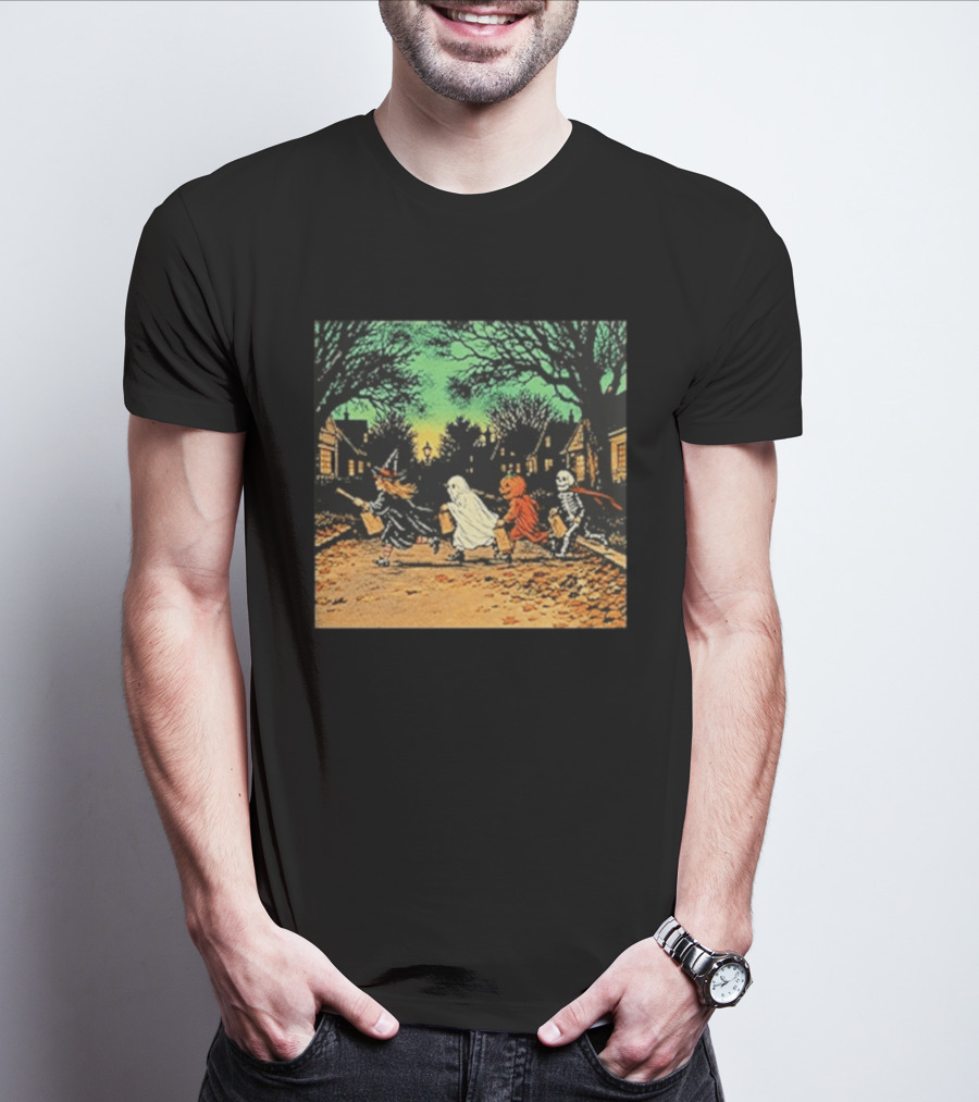 Trick Or Treat Witch Ghost Pumpkin Skeleton Halloween Scene T-Shirt