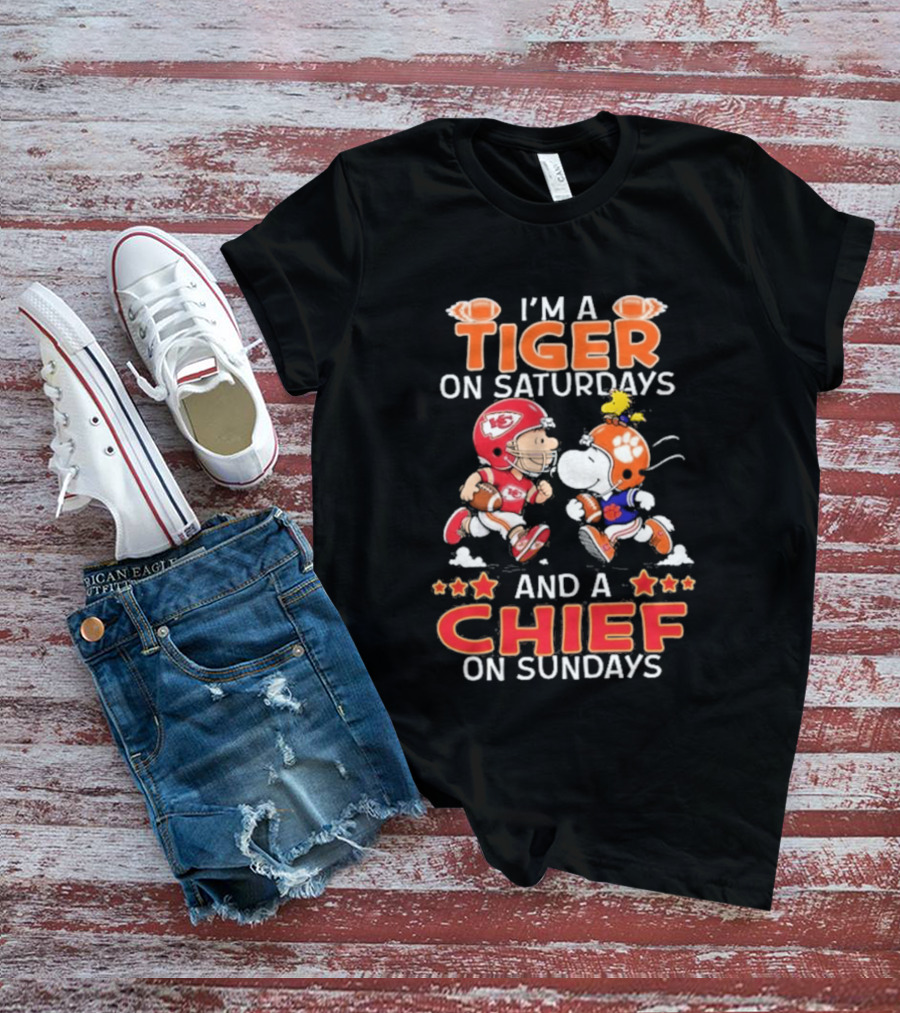 Charlie Brown Snoopy Tiger Saturdays Chief Sundays Football T-Shirt