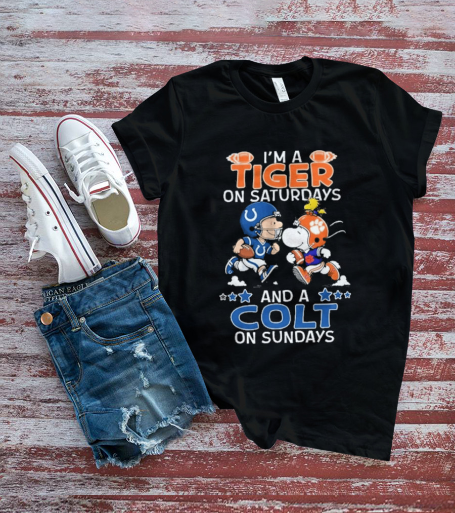 I'm A Tiger On Saturdays And A Colt On Sundays Charlie Brown Snoopy Football Teams T-Shirt
