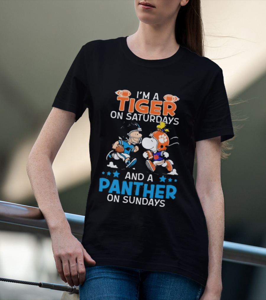 Charlie Brown Snoopy Tiger Saturdays Panther Sundays Football T-Shirt