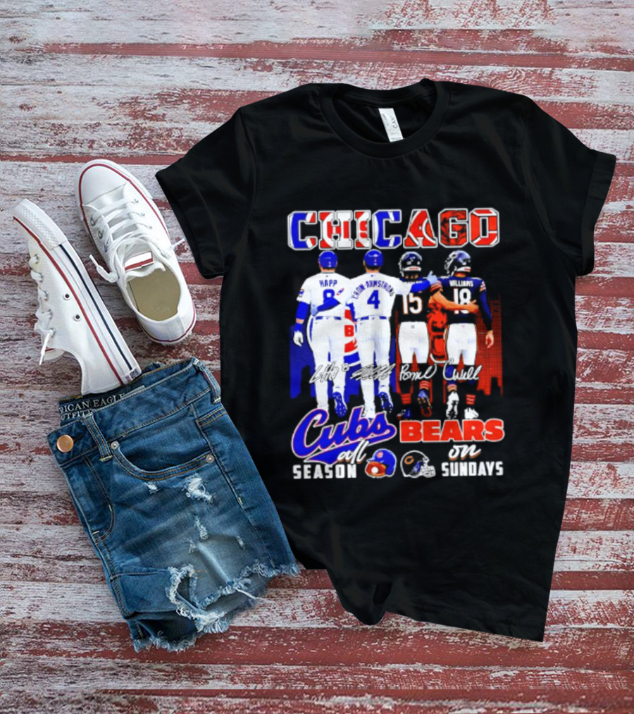 Chicago Cubs Happ And Bote Bears Fields And Moore Signature Skyline Sundays All Season T-Shirt