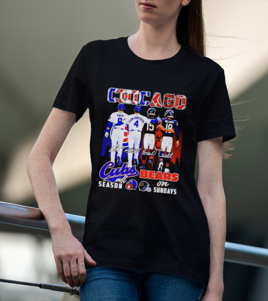 Chicago Cubs Happ And Bote Bears Fields And Moore Signature Skyline Sundays All Season T-Shirt