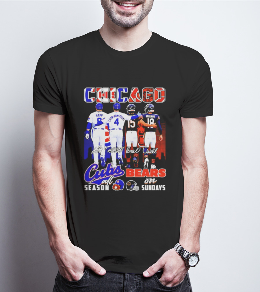 Chicago Cubs Happ And Bote Bears Fields And Moore Signature Skyline Sundays All Season T-Shirt