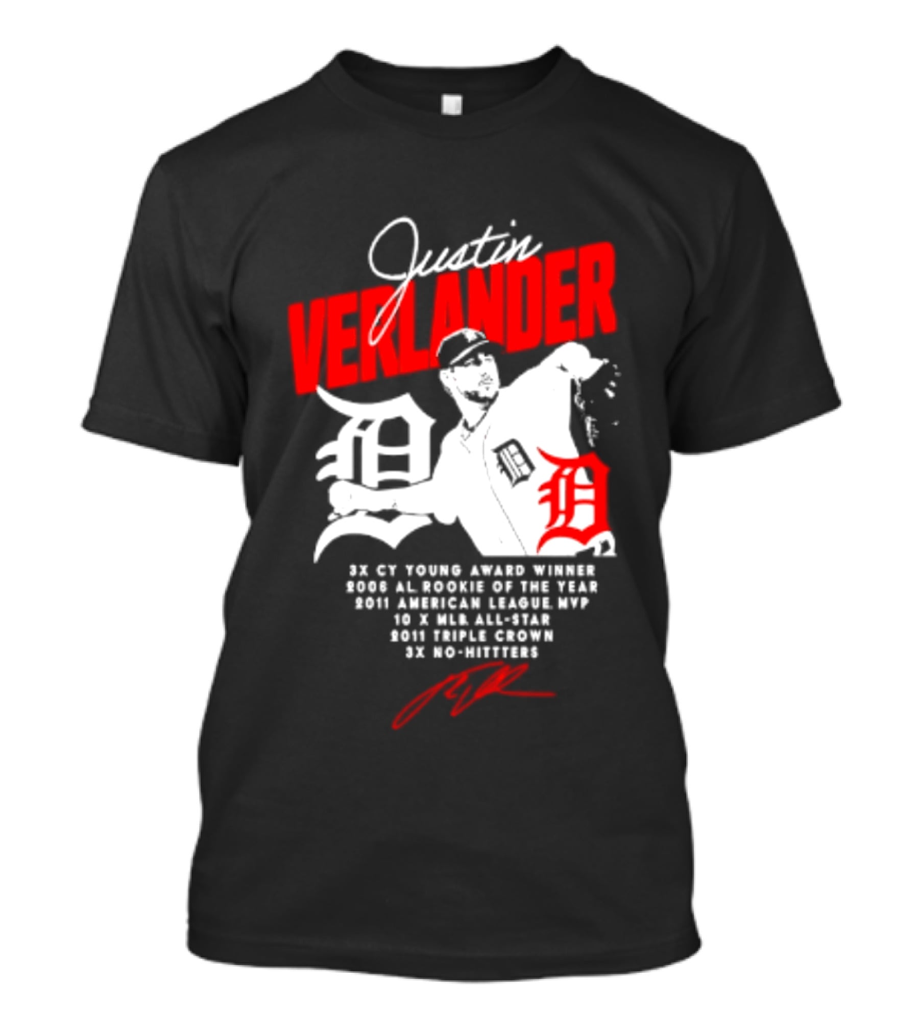 Detroit Tigers Justin Verlander No Hitter AL Rookie MVP Cy Young Winner MLB Career T-Shirt