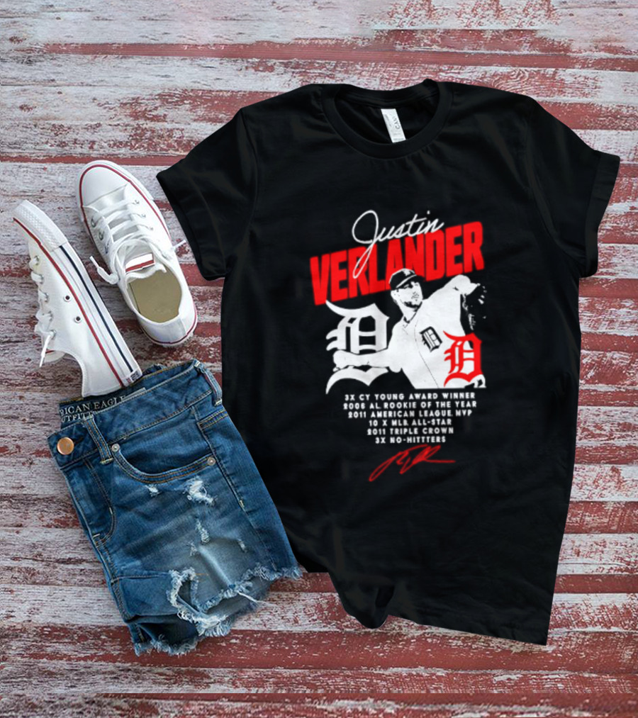 Detroit Tigers Justin Verlander No Hitter AL Rookie MVP Cy Young Winner MLB Career T-Shirt