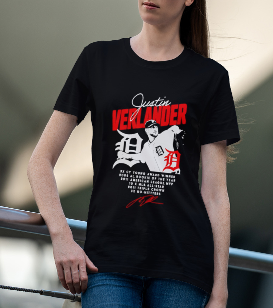 Detroit Tigers Justin Verlander No Hitter AL Rookie MVP Cy Young Winner MLB Career T-Shirt