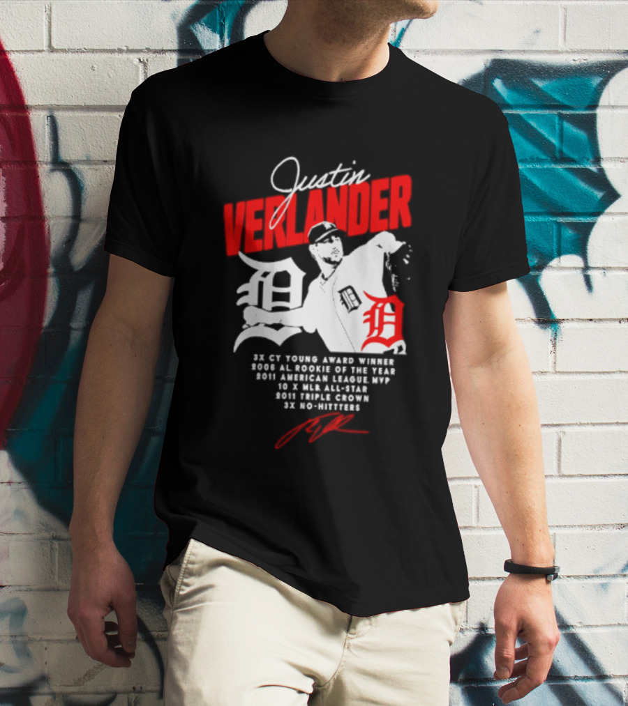 Detroit Tigers Justin Verlander No Hitter AL Rookie MVP Cy Young Winner MLB Career T-Shirt