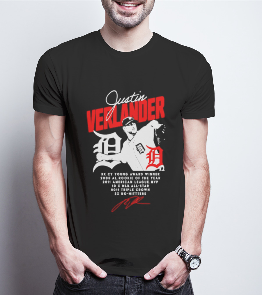 Detroit Tigers Justin Verlander No Hitter AL Rookie MVP Cy Young Winner MLB Career T-Shirt