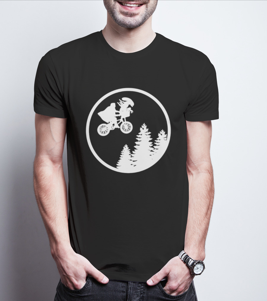 Alien On Bicycle With Trees In Circle Flying Scene 2026 T-Shirt