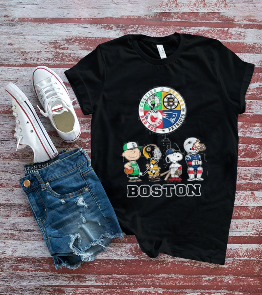 Boston Celtics Bruins Red Sox Patriots Cartoon Characters Skyline Sports T-Shirt