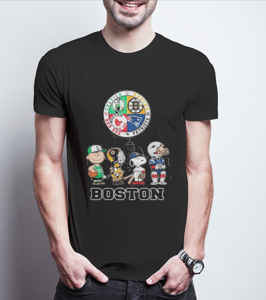 Boston Celtics Bruins Red Sox Patriots Cartoon Characters Skyline Sports T-Shirt