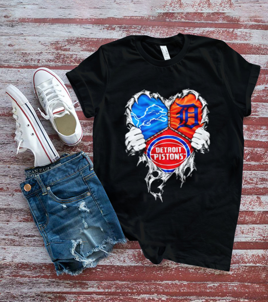 Detroit Lions Tigers Pistons Heart Scratch Mashup T-Shirt