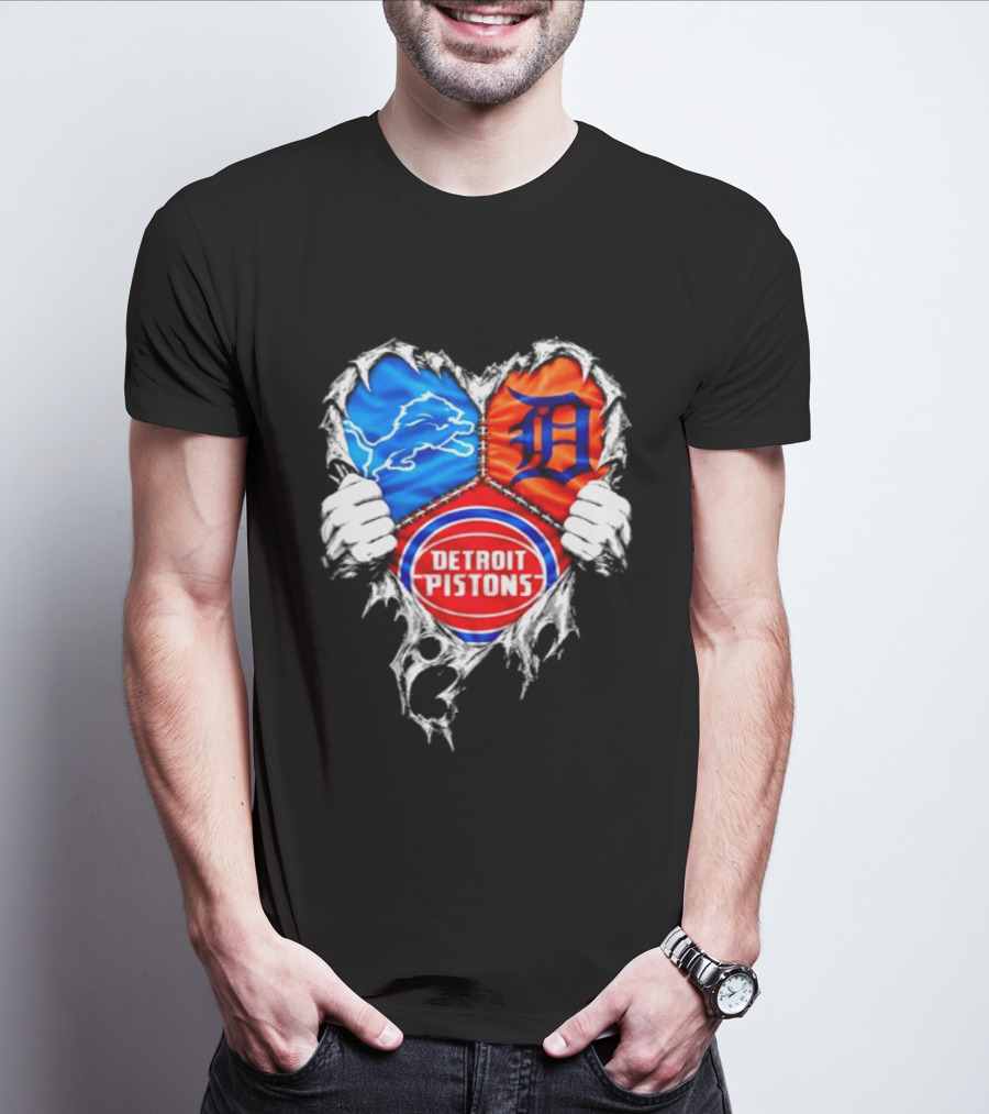 Detroit Lions Tigers Pistons Heart Scratch Mashup T-Shirt