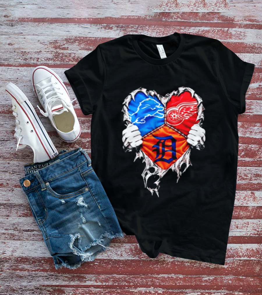 Detroit Lions Red Wings Tigers Heart Scratch Mashup T-Shirt
