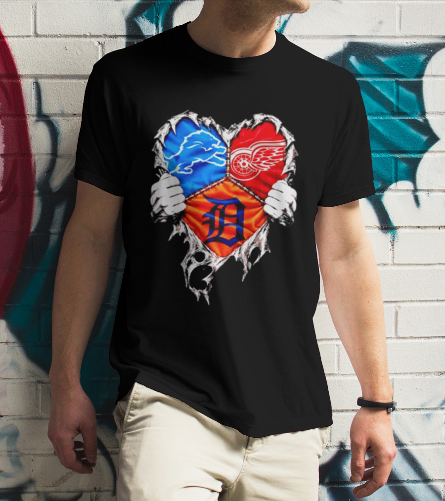 Detroit Lions Red Wings Tigers Heart Scratch Mashup T-Shirt