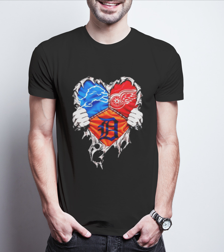Detroit Lions Red Wings Tigers Heart Scratch Mashup T-Shirt