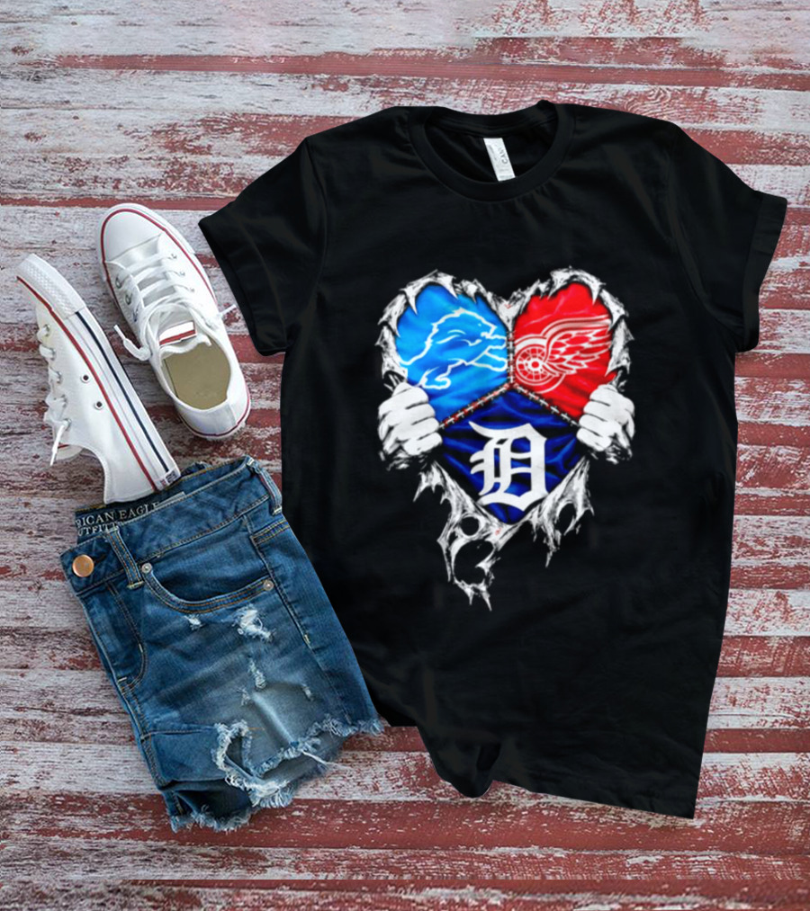 Detroit Lions Red Wings Tigers Heart Scratch Mashup T-Shirt