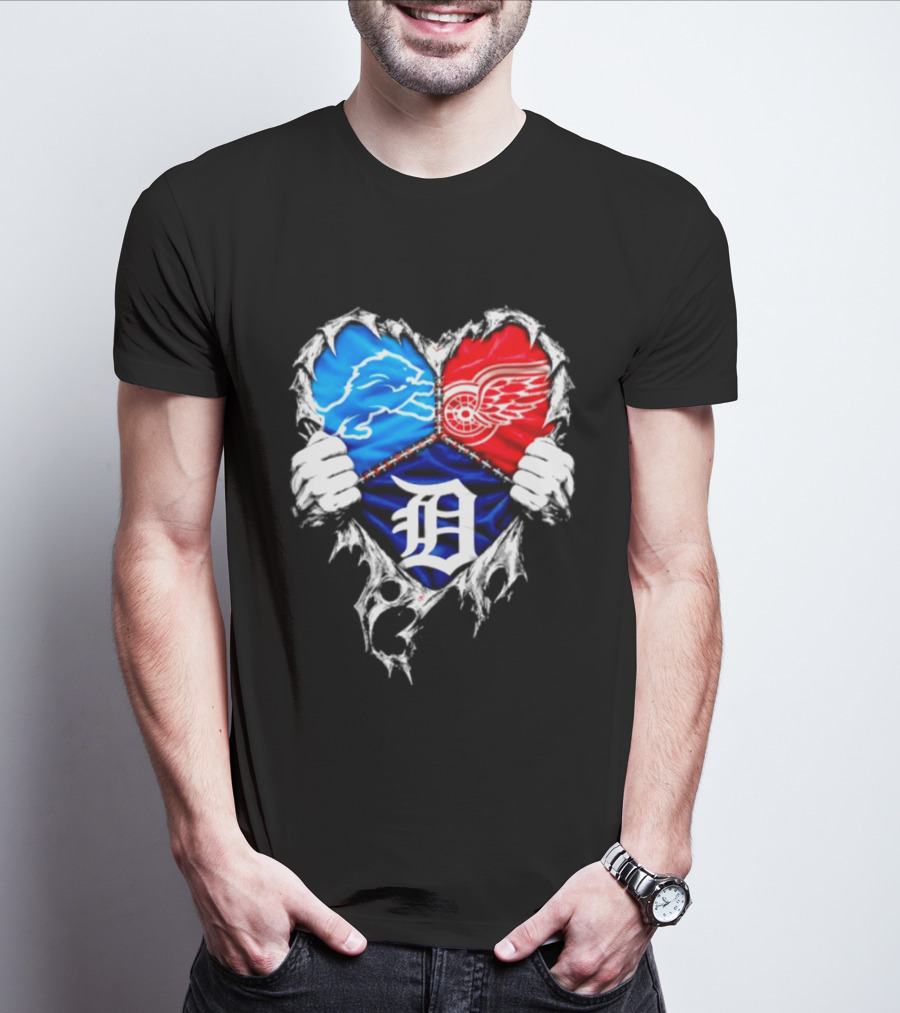 Detroit Lions Red Wings Tigers Heart Scratch Mashup T-Shirt